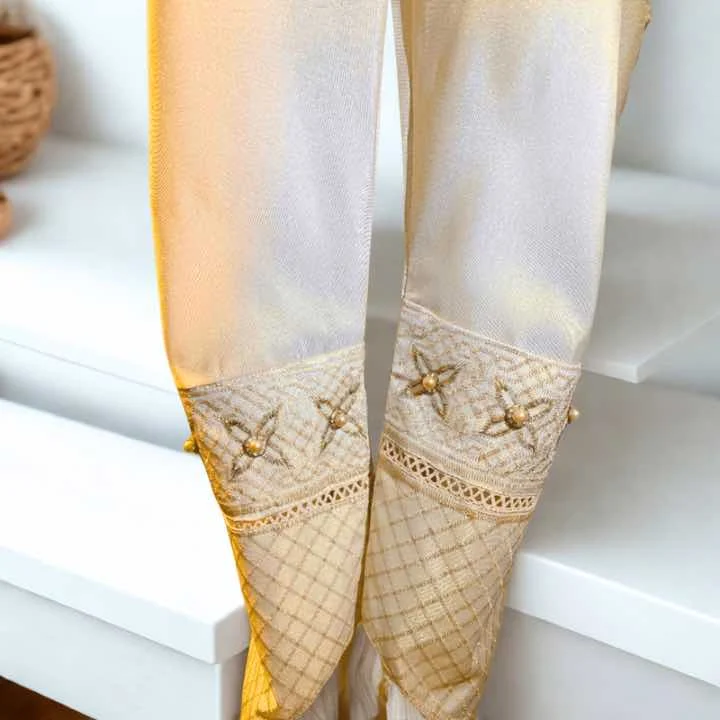 Dazzling Gold Embellished Trouser Trouser Maysuri Maysoori Bottoms Shalwar Dupatta Hijab Style clothifydotpk.com