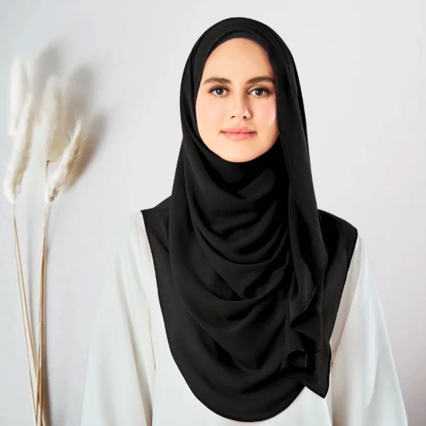 Double loop_01_6346 Midnight Black Instant double loop hijab Ready to wear hijab Chiffon Georgette Hijab Clothifydotpk