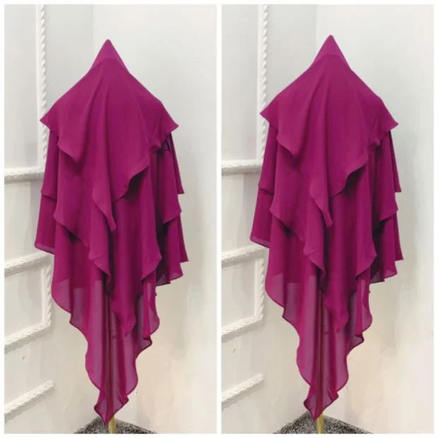 A flowing three layer khimar Hijab, made of three separate layers of chiffon. By Clothifydotpk