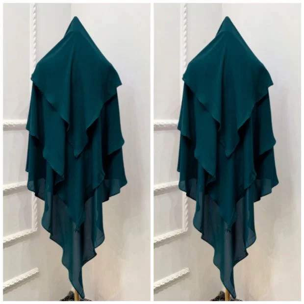 A flowing three layer khimar Hijab, made of three separate layers of chiffon. By Clothifydotpk