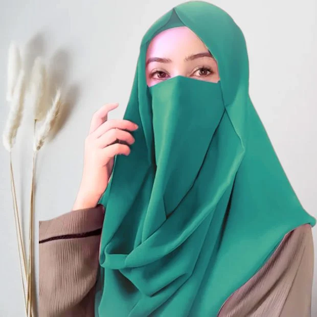 A woman wearing a simply draped Misri hijab, with the ends flowing over her shoulder. Clothifydotpk