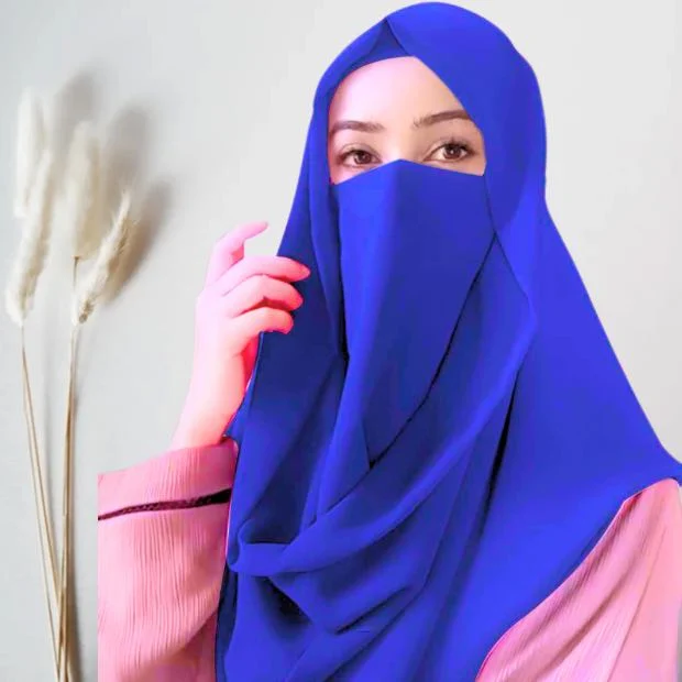 A woman wearing a simply draped Misri hijab, with the ends flowing over her shoulder. Clothifydotpk