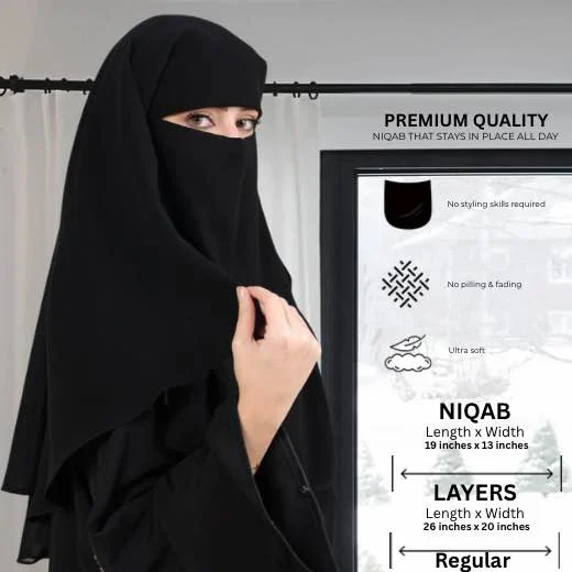 A woman wearing a premium black three layer niqab. By Clothifydotpk