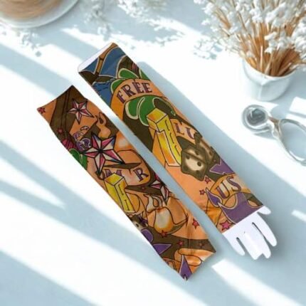 A pair of imported arm sleeves with a printed design.