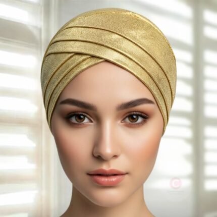 A woman wearing Silver 3 Layer Shimmer Hijab Cap By Clothifydotpk