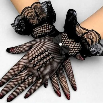 A pair of fancy, imported net gloves featuring a detailed mesh pattern.