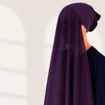 A woman wearing a violet color ready-to-wear instant chiffon hijab, featuring a soft, flowy drape and pre-stitched design for easy wear with inner under cap. By Clothifydotpk