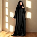 Model wearing Jet black Saudi Jilbab – statuesque A-line drape from shoulders to ankles.