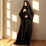 Model wearing Jet black Saudi Jilbab – statuesque A-line drape from shoulders to ankles.