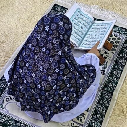 Close-up of a soft, lightweight Fancy Makhna hijab designed for kids namaz with floral print and delicate stone embellishments,featuring secure coverage.