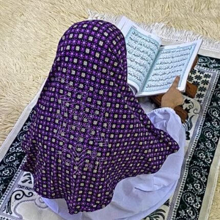 Close-up of a soft, lightweight Fancy Makhna hijab designed for kids namaz with floral print and delicate stone embellishments,featuring secure coverage.
