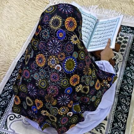 Close-up of a soft, lightweight Fancy Makhna hijab designed for kids namaz with floral print and delicate stone embellishments,featuring secure coverage.