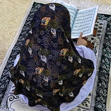 Close-up of a soft, lightweight Fancy Makhna hijab designed for kids namaz with floral print and delicate stone embellishments,featuring secure coverage.