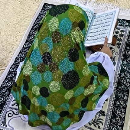 Close-up of a soft, lightweight Fancy Makhna hijab designed for kids namaz with floral print and delicate stone embellishments,featuring secure coverage.