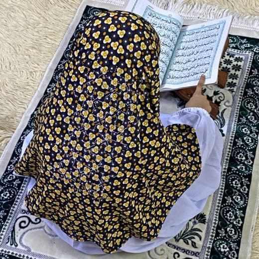 Kids_Fancy_makhna98-3 - 63 Close-up of a soft, lightweight Fancy Makhna hijab designed for kids namaz with floral print and delicate stone embellishments,featuring secure coverage.