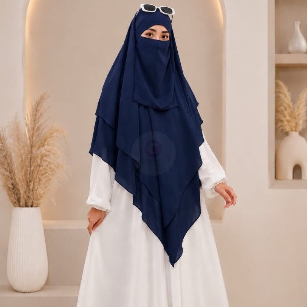 A woman wearing a three layer khimar, with the first layer covering her head and draping down over her chest, and two additional sheer or lightweight layers cascading underneath. BY CLOTHIFYDOTPK