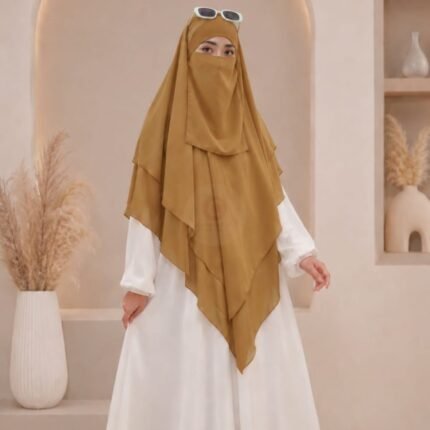 A women wearing flowing three layer khimar Hijab with niqab, made of three separate layers of chiffon. By Clothifydotpk