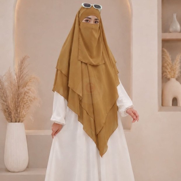 A women wearing flowing three layer khimar Hijab with niqab, made of three separate layers of chiffon. By Clothifydotpk