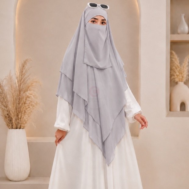 A women wearing flowing khimar three layer Hijab, made of three separate layers of chiffon - Buy Khimar Online Pakistan - By Clothifydotpk