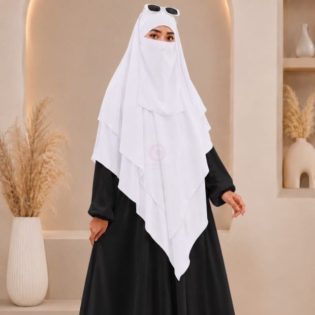 A woman wearing a white three layer khimar hijab, with the first layer covering her head and draping down over her chest, and two additional sheer or lightweight layers cascading underneath. BY CLOTHIFYDOTPK