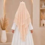 A flowing three layer khimar Hijab, made of three separate layers of chiffon. By Clothifydotpk