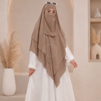 A flowing three layer khimar Hijab, made of three separate layers of chiffon. By Clothifydotpk