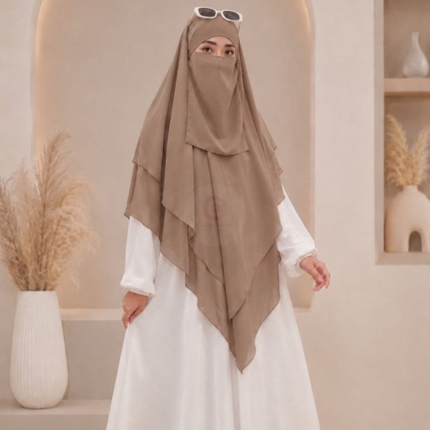 A flowing three layer khimar Hijab, made of three separate layers of chiffon. By Clothifydotpk