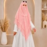 A flowing three layer khimar Hijab, made of three separate layers of chiffon. By Clothifydotpk