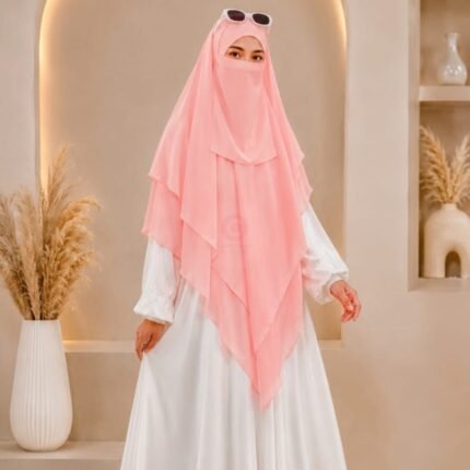 A flowing three layer khimar Hijab, made of three separate layers of chiffon. By Clothifydotpk