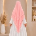 A flowing three layer khimar Hijab, made of three separate layers of chiffon. By Clothifydotpk