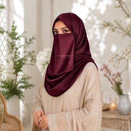 Woman wearing breathable full coverage Crinkle silk hijab Set with matching Niqab in complete 2 piece modest wear. BY CLOTHIFYDOTPK