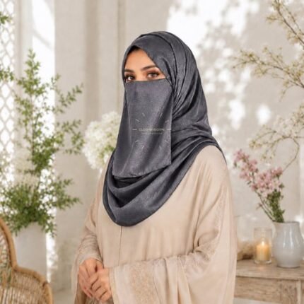 Woman wearing breathable full coverage Crinkle silk hijab Set with matching Niqab in complete 2 piece modest wear. BY CLOTHIFYDOTPK