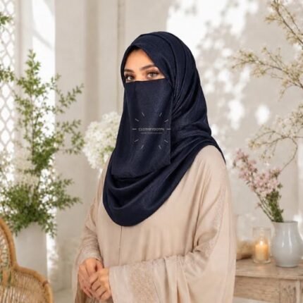 Woman wearing breathable full coverage Crinkle silk hijab Set with matching Niqab in complete 2 piece modest wear. BY CLOTHIFYDOTPK