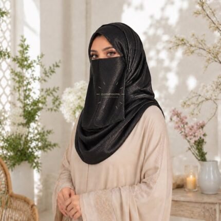 Woman wearing breathable full coverage Crinkle silk hijab Set with matching Niqab in complete 2 piece modest wear. BY CLOTHIFYDOTPK