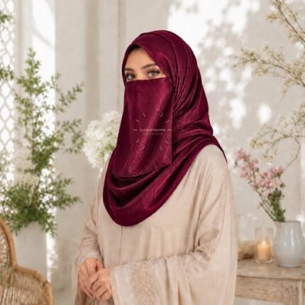 Woman wearing breathable full coverage Crinkle silk hijab Set with matching Niqab in complete 2 piece modest wear. BY CLOTHIFYDOTPK