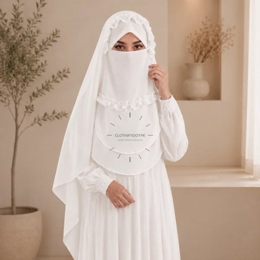A woman wearing a soft, Chiffon instant Crown hijab with Niqab, draped smoothly around her head and shoulders with no visible pins. BY CLOTHIFYDOTPK