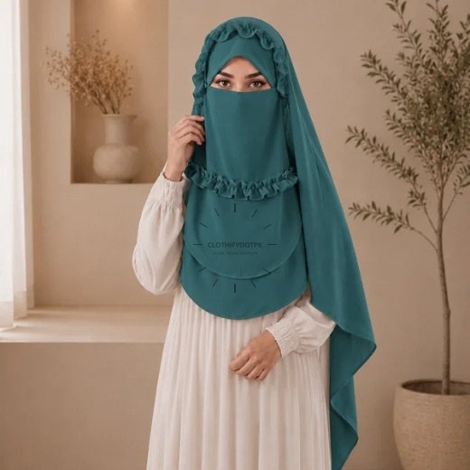 Crown Hijab with Niqab 051 - 3 A woman wearing a soft, Chiffon instant Crown hijab with Niqab, draped smoothly around her head and shoulders with no visible pins. BY CLOTHIFYDOTPK