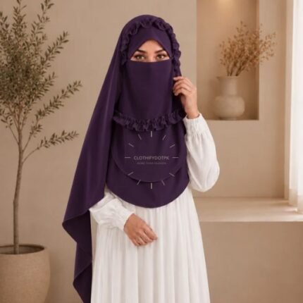 A woman wearing a soft, Chiffon instant Crown hijab with Niqab, draped smoothly around her head and shoulders with no visible pins. BY CLOTHIFYDOTPK