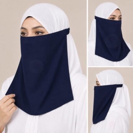 Women Wearing Premium Navy Blue Elastic Half Niqab - designed with the highest quality, double layered fabric that is comfortable & breathable for modest women. BY CLOTHIFYDOTPK