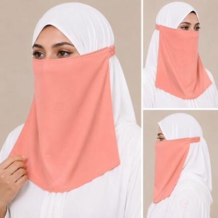 Women Wearing Premium Peach Elastic Half Niqab - designed with the highest quality, double layered fabric that is comfortable & breathable for modest women. BY CLOTHIFYDOTPK