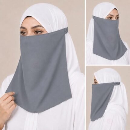 Women Wearing Premium Gray Elastic Half Niqab - designed with the highest quality, double layered fabric that is comfortable & breathable for modest women. BY CLOTHIFYDOTPK