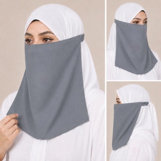Elastic Half Niqab 0451 – 2 Women Wearing Premium Gray Elastic Half Niqab - designed with the highest quality, double layered fabric that is comfortable & breathable for modest women. BY CLOTHIFYDOTPK