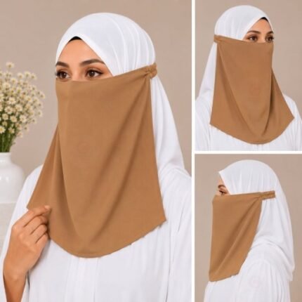 Women Wearing Premium Caramel Elastic Half Niqab - designed with the highest quality, double layered fabric that is comfortable & breathable for modest women. BY CLOTHIFYDOTPK