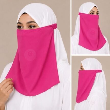 Women Wearing Premium Hot Pink Elastic Half Niqab - designed with the highest quality, double layered fabric that is comfortable & breathable for modest women. BY CLOTHIFYDOTPK