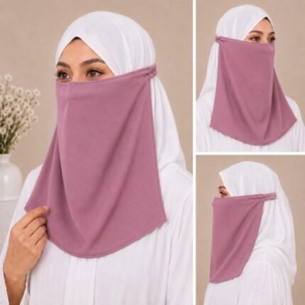 Women Wearing Premium Rose Pink Elastic Half Niqab - designed with the highest quality, double layered fabric that is comfortable & breathable for modest women. BY CLOTHIFYDOTPK