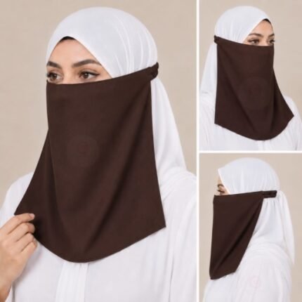 Women Wearing Premium brown Elastic Half Niqab - designed with the highest quality, double layered fabric that is comfortable & breathable for modest women. BY CLOTHIFYDOTPK
