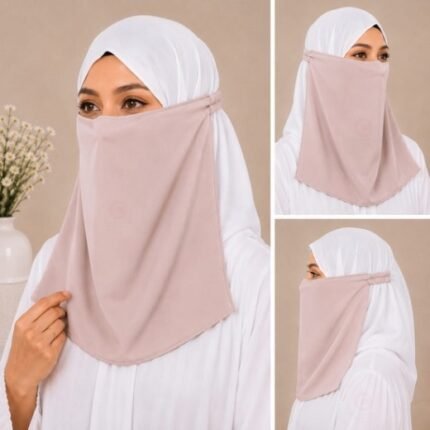 Women Wearing Premium mute pink Elastic Half Niqab - designed with the highest quality, double layered fabric that is comfortable & breathable for modest women. BY CLOTHIFYDOTPK
