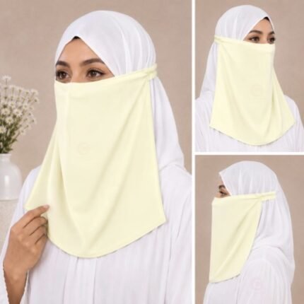 Women Wearing Premium buttercream Elastic Half Niqab - designed with the highest quality, double layered fabric that is comfortable & breathable for modest women. BY CLOTHIFYDOTPK