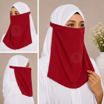 Women Wearing Premium Red Elastic Half Niqab - designed with the highest quality, double layered fabric that is comfortable & breathable for modest women. BY CLOTHIFYDOTPK