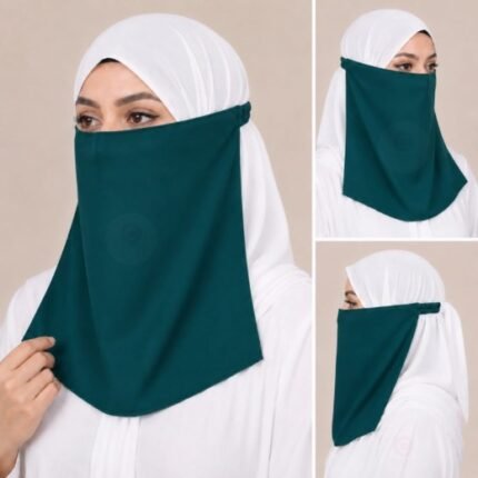 Women Wearing Premium Teal Green Elastic Half Niqab - designed with the highest quality, double layered fabric that is comfortable & breathable for modest women. BY CLOTHIFYDOTPK